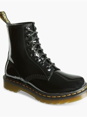 Dr. Martens Black Patent 8-Eye Lace-Up Boots with Yellow Stitching